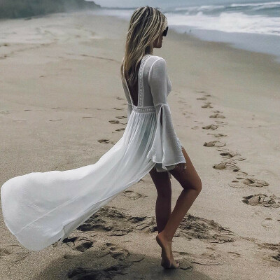 

Women Bikini Cover Up Cardigan Boho Swimwear Beach Long Sleeve Summer Dress White