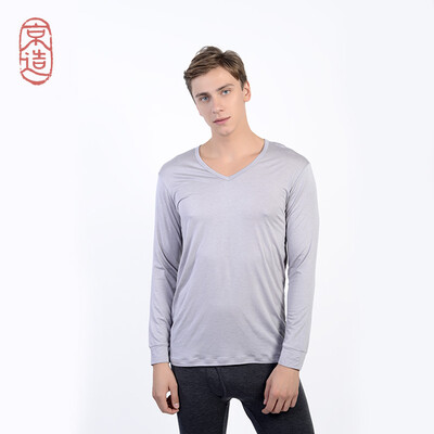 

JZAO mens thermal underwear heating fiber thin section Slim long-sleeved T-shirt light gray V-neck XL code