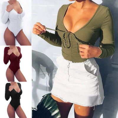 

Fashion Womens Ladies Long Sleeve Bodysuit Bodycon Bandage Jumpsuit Romper Tops