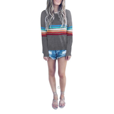 

Autumn Colorful Stripe Soft Basic T-shirt Women Long Sleeve Casual Tops