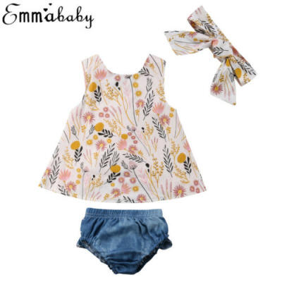 

3PCS Newborn Baby Girls Tops Romper Floral Shorts Headband Outfits Set Clothes