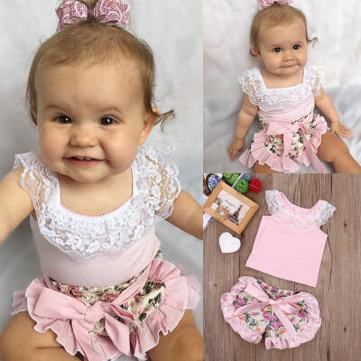 

Infant Baby Girl Lace Tops T-shirtFloral Shorts Culottes 2pcs Outfits Set 0-24M