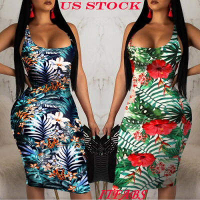 

US Womens Ladies Sleeveless Summer Boho Printed Beach Casual Loose Sundress