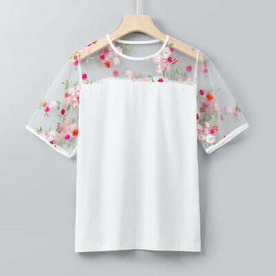 

Nomeni Womens Embroidered Retro T Shirt Lace Top Crew Neck Basic Casual Shirt