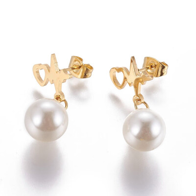 

304 Stainless Steel Dangle Stud Earrings with Plastic Imitation Pearl Heart&Heartbeat Golden 27mm Pin 08mm