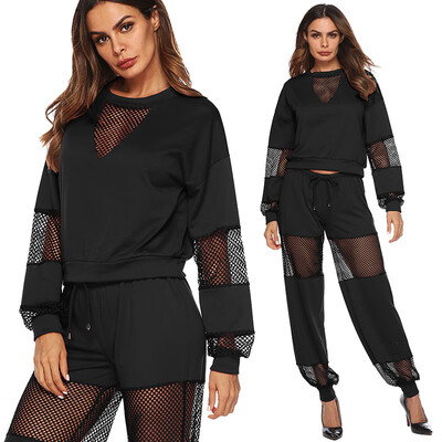 

Women Two Piece Tracksuit Solid Long Sleeve Crop Top Mesh Splice Wide Leg Pants Sportswear Suits BurgundyBlack