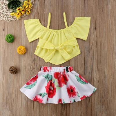 

Summer Toddler Kids Girls Off Shoulder Strap Tops Floral Skirt 2Pcs Outfits Set