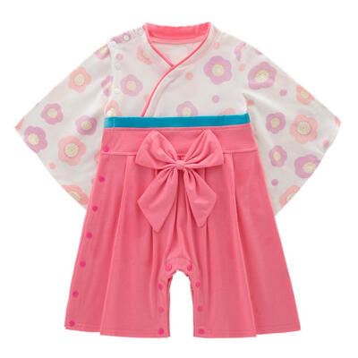 

Baby Girls Summer Long Sleeve Romper Kimono Style Bowknot Print Jumpsuit