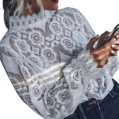 

New Women Lace High Collar Long Sleeve Shirt Tops Sweet Crochet Chiffon Blouse