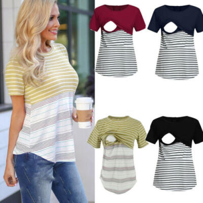 

Women Pregnant Maternity Breastfeeding Top T-shirt Nursing Summer Striped Blouse