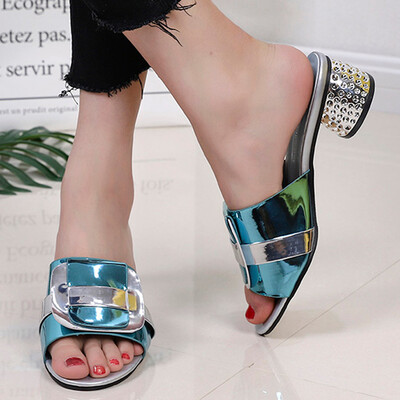 

Rose Womens Fish Mouth Crystal Thick With Slippers Square Buckle High Heel slippers