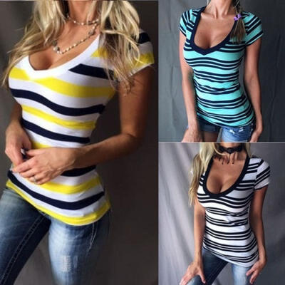 

Summer Women Short Sleeve V-neck Slim Stripe T Shirt Casual Tops Blouse -XXL