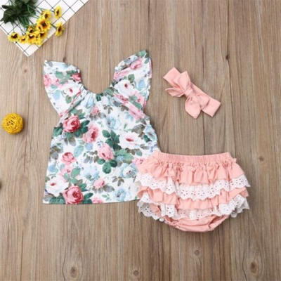 

US 3PCS Baby Girls Toddler Kids Floral Top PP Shorts Outfits Clothes Headband