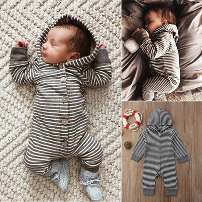

Newborn Baby Girl Boy Striped Hooded Romper Jumpsuit Bodysuit Outfits Clothes