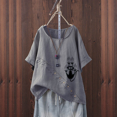

Roseonmyhand Plus Size Women Short Sleeve Cotton Linen O-Neck Print Blouse Top T-Shirt