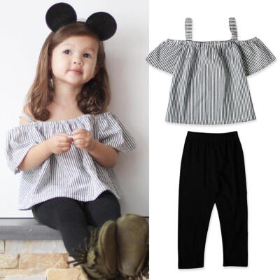 

2pcs Girls Cute Clothes Set Off Shoulder Stripe Tops Elastic Pants Outfits