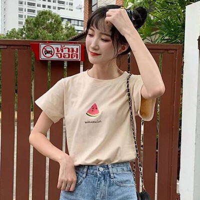 

Tshirt Women Casual Round Neck Fruit Print Short Sleeve Loose Pullover Ladies Tshirt