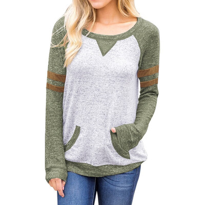 

Round neck long sleeve striped two pocket shirt casual straight jacket womens