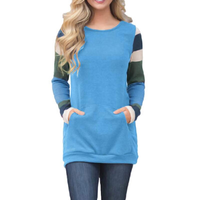 

Fashion Women Color Block Sweatshirt O Neck Long Sleeve Pocket Splice Autumn Winter Top Pullover Hoodie