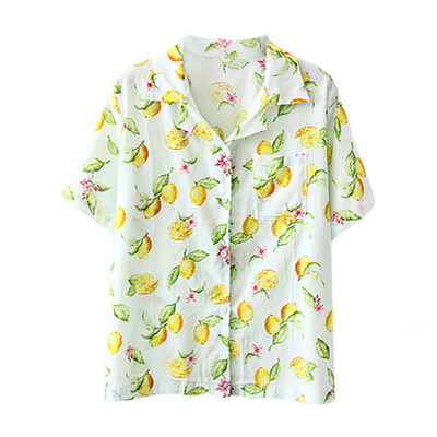 

Summer Short Sleeve Print Women Blouses Turn Down Collar Loose Casual Tops Ladies Pineapple Cherry Print Shirt Women Clothing