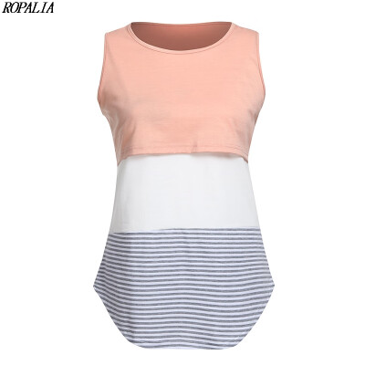 

O-Neck Contrast Color Striped Multi-Functional Mother Breast-Feeding T-Shirt Double Layered Sleeveless Contrast Color Top