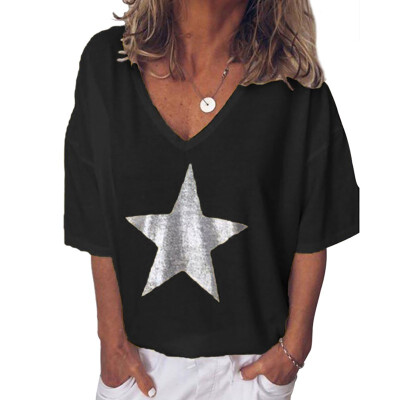 

Fashion T Shirt Women Sequins V-Neck Five-Pointed Star Print Tees Female Short Sleeve Street Ladies Plus Size