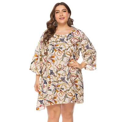 

Round Collar 34 Sleeve Fashion Pattern Asymmetric Plus Size Women Dress