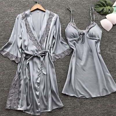 

3PCS Womens Silk Satin Nightie Gown Lingerie Sleepwear Pyjamas Set Robe Pants