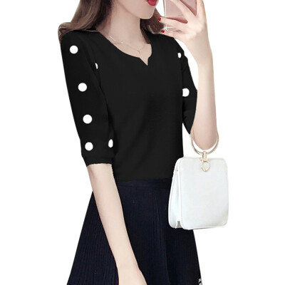 

Plus Size Blouse Womens Korean Style Dot Print V-Neck Shirt Lace Short Sleeve Chiffon Pullover Blouse mujer de moda blusa