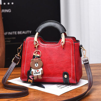 

Bear Handbag Women Pendant Fashion Girls Simple Retro Shoulder Bag Solid Crossbody Bags PU Leather Versatile Messenger
