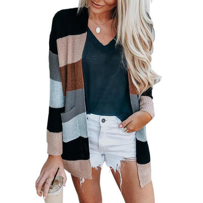 

Women Knitted Cardigans Open Front Long Sleeve Splicing Color Soft Sweaters
