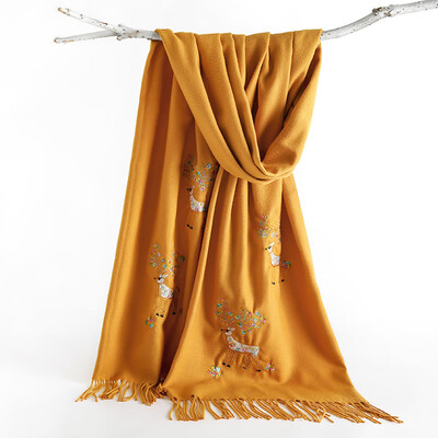 

New double-headed sika deer multicolored yarn embroidery solid color light thorn wool imitation cashmere scarf female warm shawl wholesale