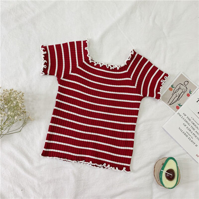 

Womens Slash Neck Striped Short Sleeve Knitted Ruffles T-Shirt