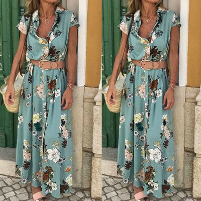 

Lady Short Sleeve Floral Wrap With Belt Boho Long Shirt Dress Women V-neck Party Bodycon Maxi Dress Clothing Sundress Plus Size