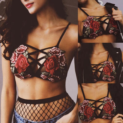 

Women Lace Floral Embroid Triangle Bralette Bralet Bustier Crop Top Unpadded Bra