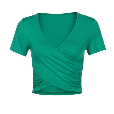 

Nomeni Womens Deep V Neck Short Sleeve Cross Wrap Slim Fit Casual Crop Tops Blouse