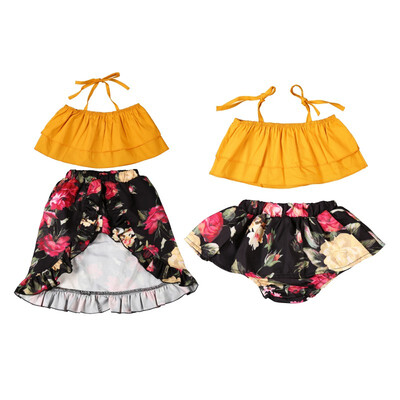 

Sister Match Summer Outfits Off shoulder Strap Crop Tops Floral Tutu Baby Bloomers Shorts Skirt 2PCS Set Family Clothes