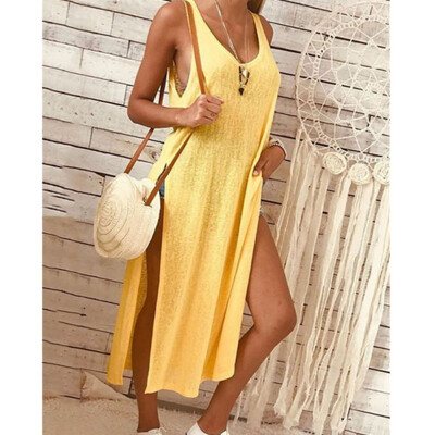 

Womens V-Neck Side Slit Loose Sleeveless Solid Midi Dress