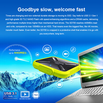 

ADATA SD700 External Solid State Drive Portable SSD 1TB IP68 Waterproof USB31 Fast Speed 3D NAND FlashYellow