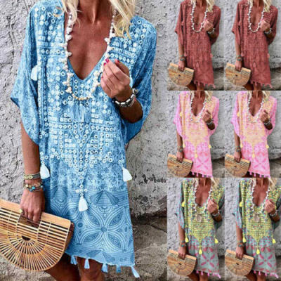 

Women Boho Cotton Linen Maxi Dress Short Sleeve Casual Kaftan Tunic Plus Size UK