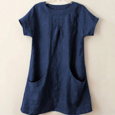 

Starmoon Women Casual Solid Round Neck Short Sleeve Linen Loose Pocket Tops Blouse Shirt