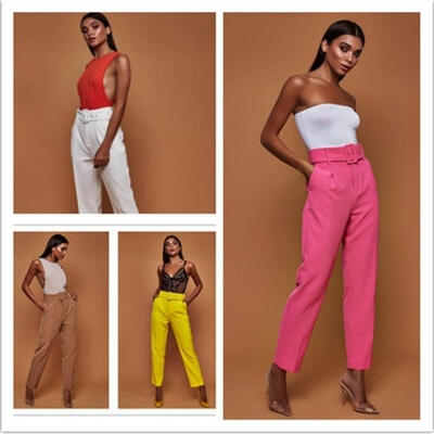 

Fashion Women´s Pants High Waist Elastic Drawstring Striped Casual Trousers Belt