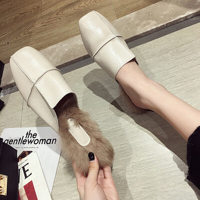 

Mingyuanfeng slippers women wear new autumn Korean version of fashionable flat-soled wool slippers temperament retro semi-slippers