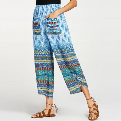 

Fashion Women High Waist Printing Pocket Wide Leg Pants Trousers Loose Pants