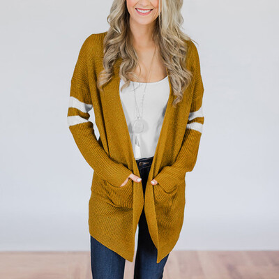 

Roseonmyhand Women Striped Long Sleeve Knitted Sweater Pockets Long Cardigan Top Coat Outwear