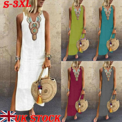 

UK Women Sleeveless Linen Boho Solid Maxi Dress Ladies Summer Sundress Holiday