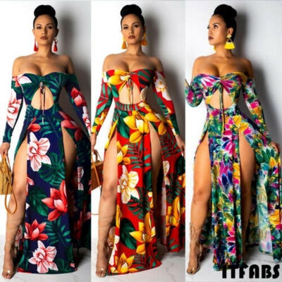 

Women Boho Floral Long Sleeve Dress Party Bodycon Maxi Split Dress