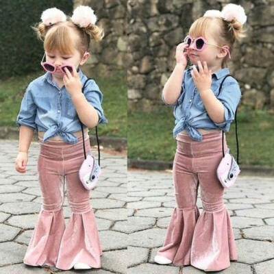 

Newborn Toddler Baby Girl Bell Bottom Pleuche Pants Kids Long Flare Trousers New