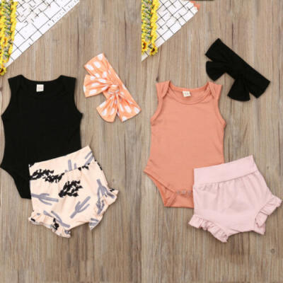 

US Summer Newborn Baby Girls Clothes Cotton Romper Short Pants Headband Outfits