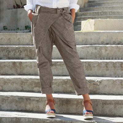 

Women Casual Loose Plus Size Pure Color Pocket Bandage Pants Linen Trousers